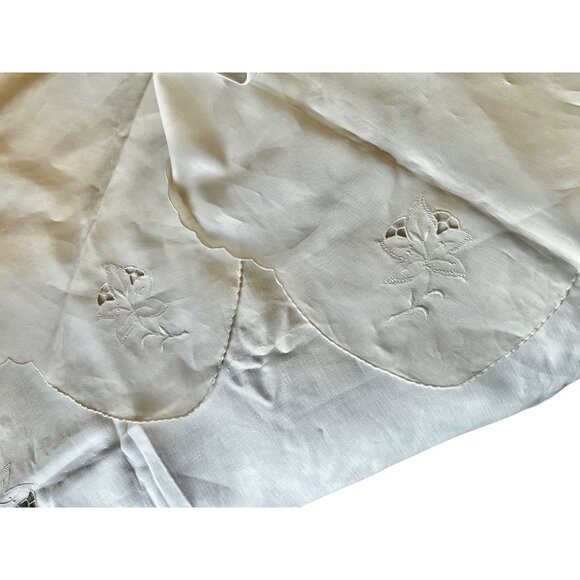 Madeira Tablecloth Beige Scalloped Edges & 8 Lighter Napkins 82x67 Linen Cutwork - Picture 12 of 16